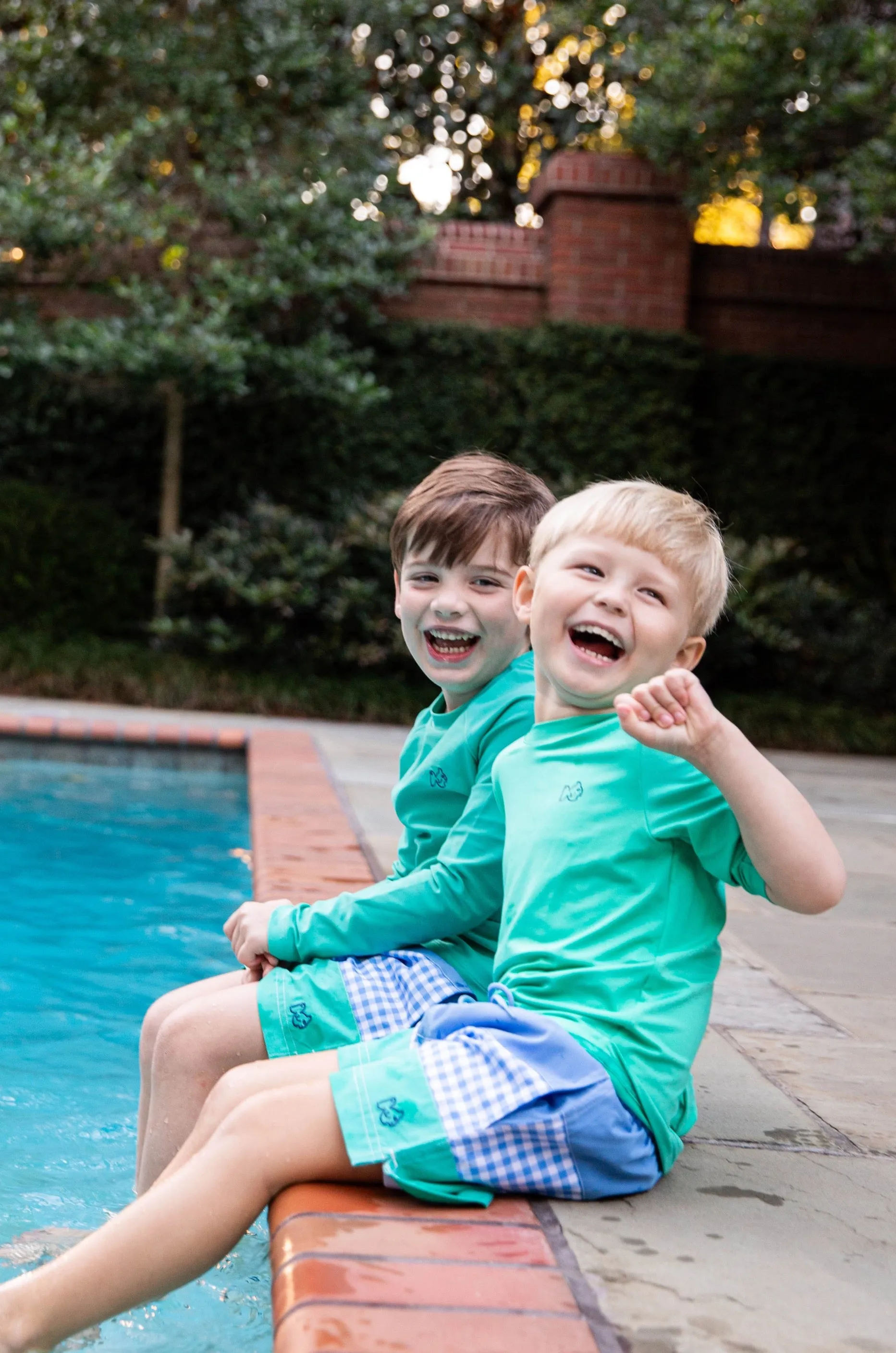 Boys' Boogie Board Swim Trunk in Marina Blue Gingham and Atlantis Green Colorblock