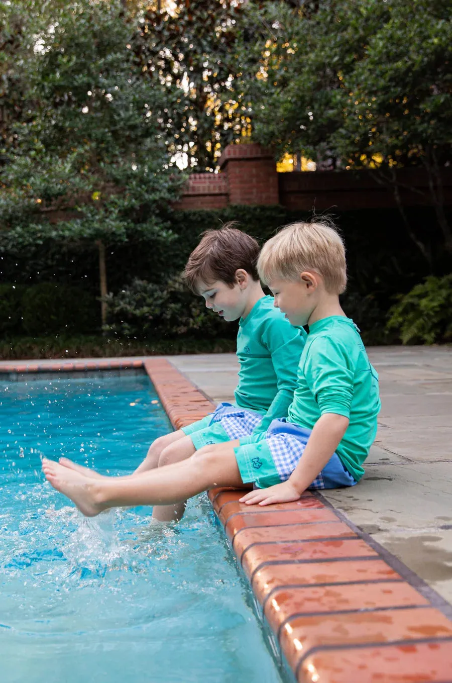 BOYS' BOOGIE BOARD SWIM TRUNK IN MARINA BLUE GINGHAM AND ATLANTIS GREEN COLORBLOCK