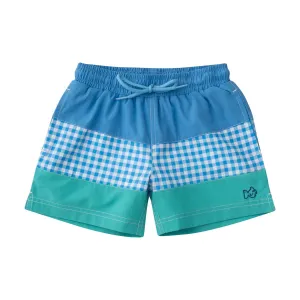 BOYS' BOOGIE BOARD SWIM TRUNK IN MARINA BLUE GINGHAM AND ATLANTIS GREEN COLORBLOCK