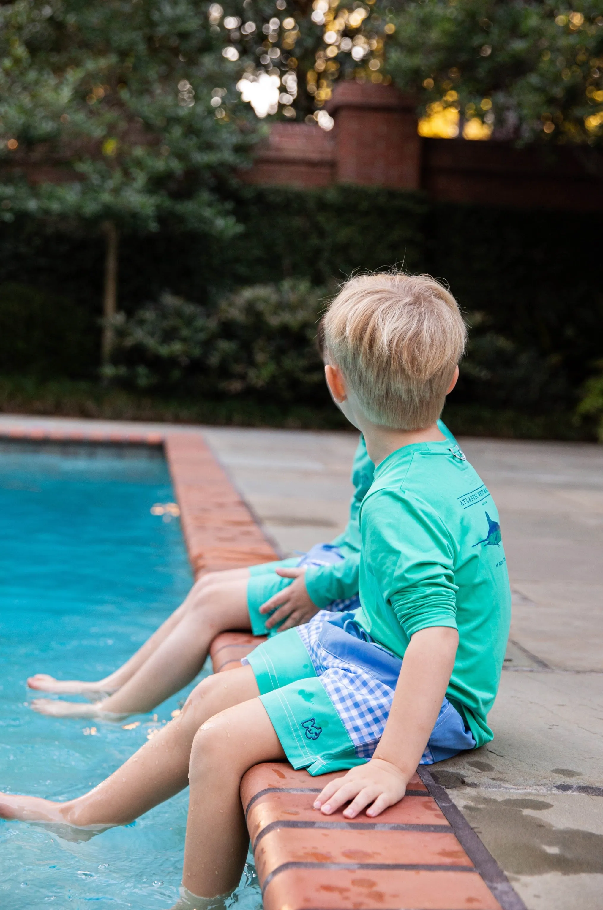 Boys' Boogie Board Swim Trunk in Marina Blue Gingham and Atlantis Green Colorblock