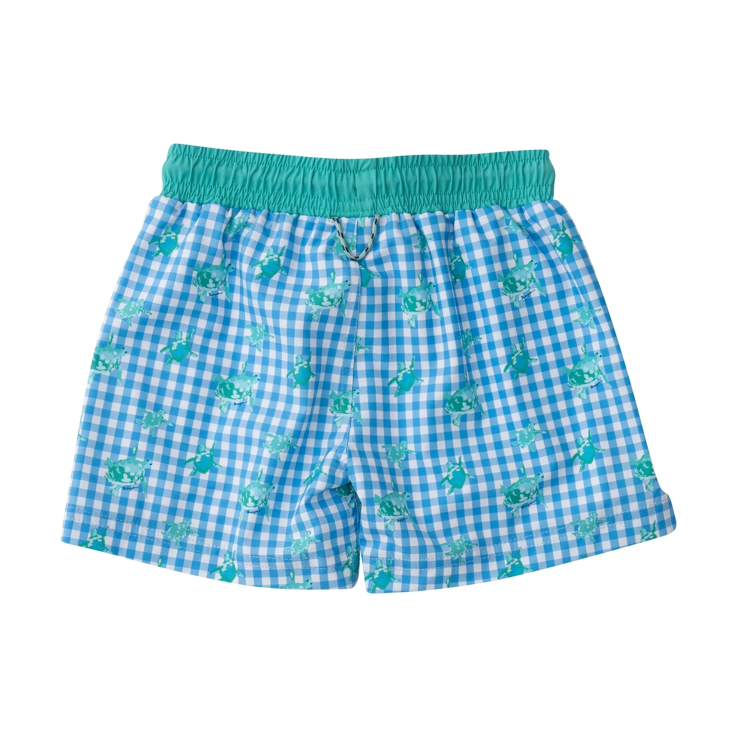 Boys Boogie Board Swim Trunk in Marina Blue Gingham Turtle Print