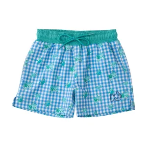 Boys Boogie Board Swim Trunk in Marina Blue Gingham Turtle Print