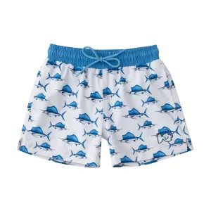 Boys Boogie Board Swim Trunk in Sailfish Print on White