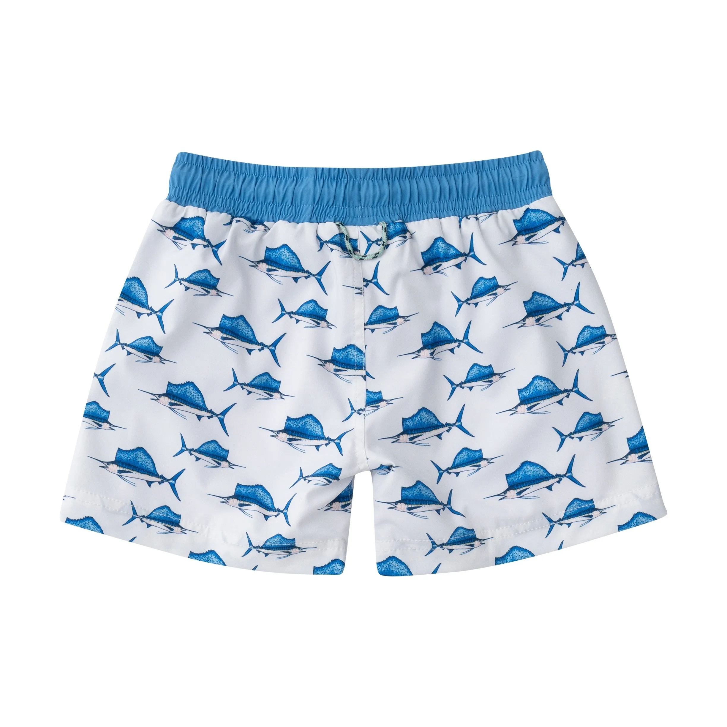 Boys Boogie Board Swim Trunk in Sailfish Print on White