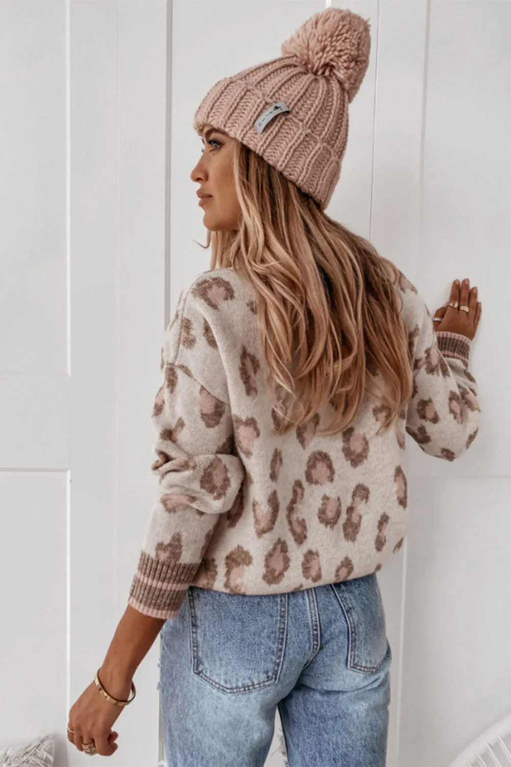 Brown Two-tone Ribbed Trim Contrast Leopard Sweater
