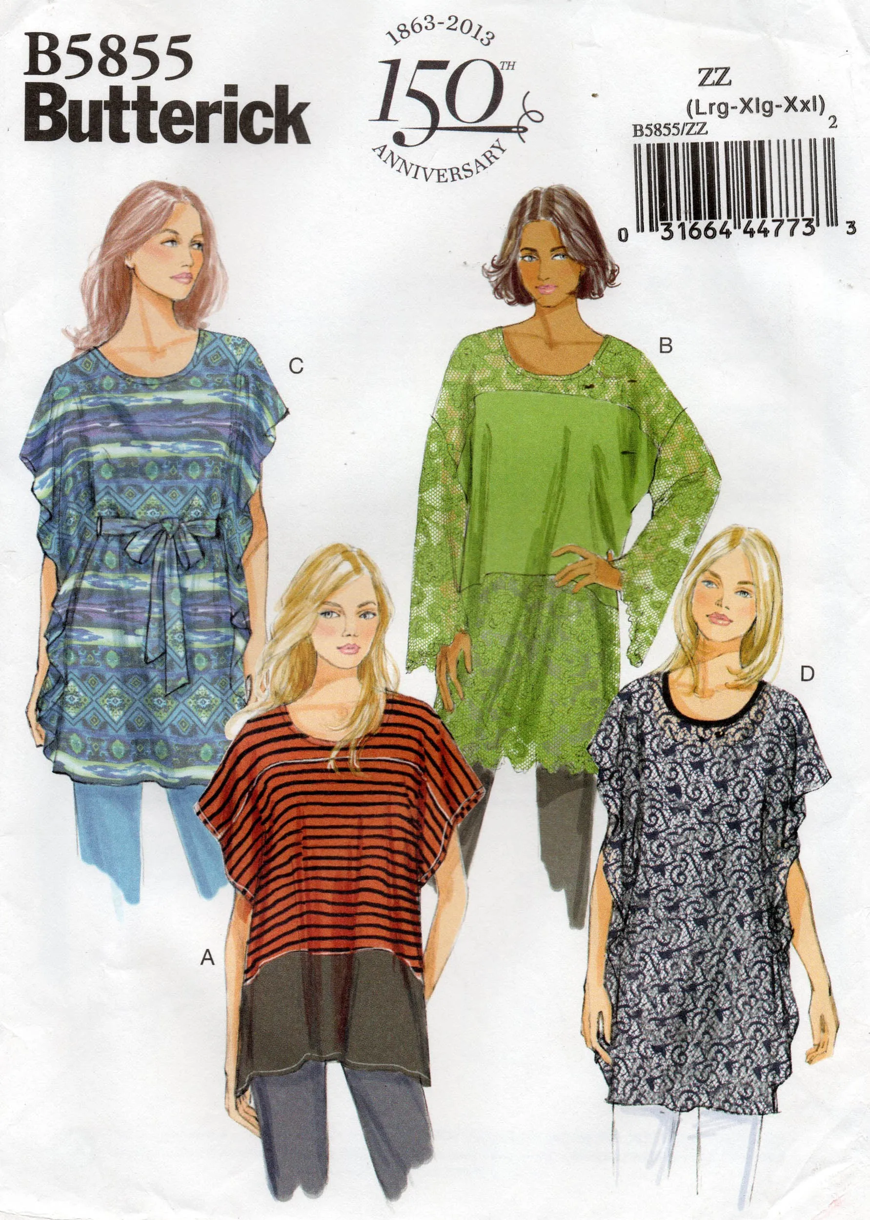 Butterick 5855 Womens Caftan Tunic Tops Out Of Print Sewing Pattern Sizes L-XXL UNCUT Factory Folded