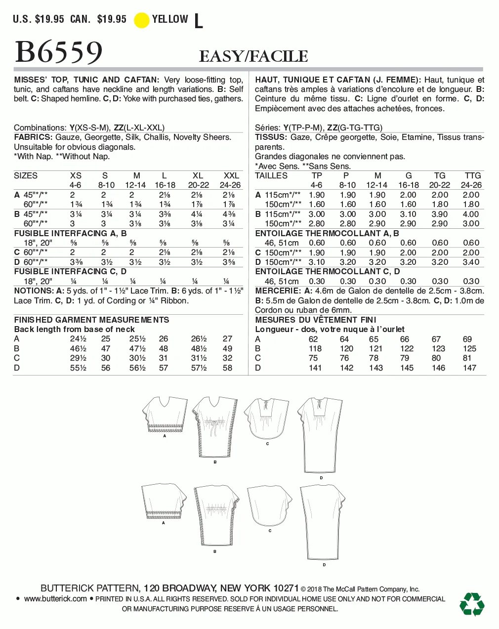 Butterick Pattern B6559 Misses' Top, Tunic and Caftan