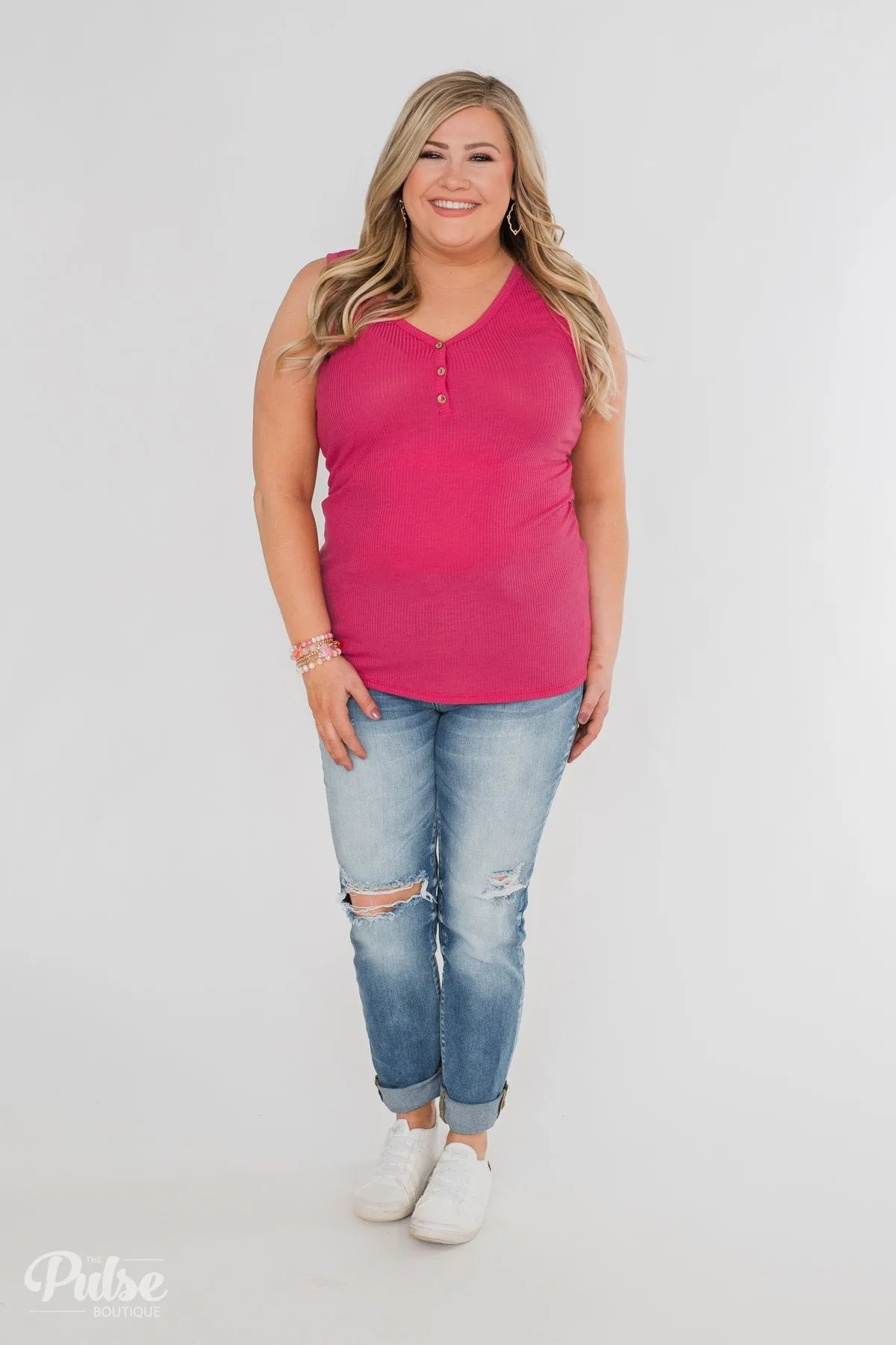 Button Henley Tank Top- Fuschia