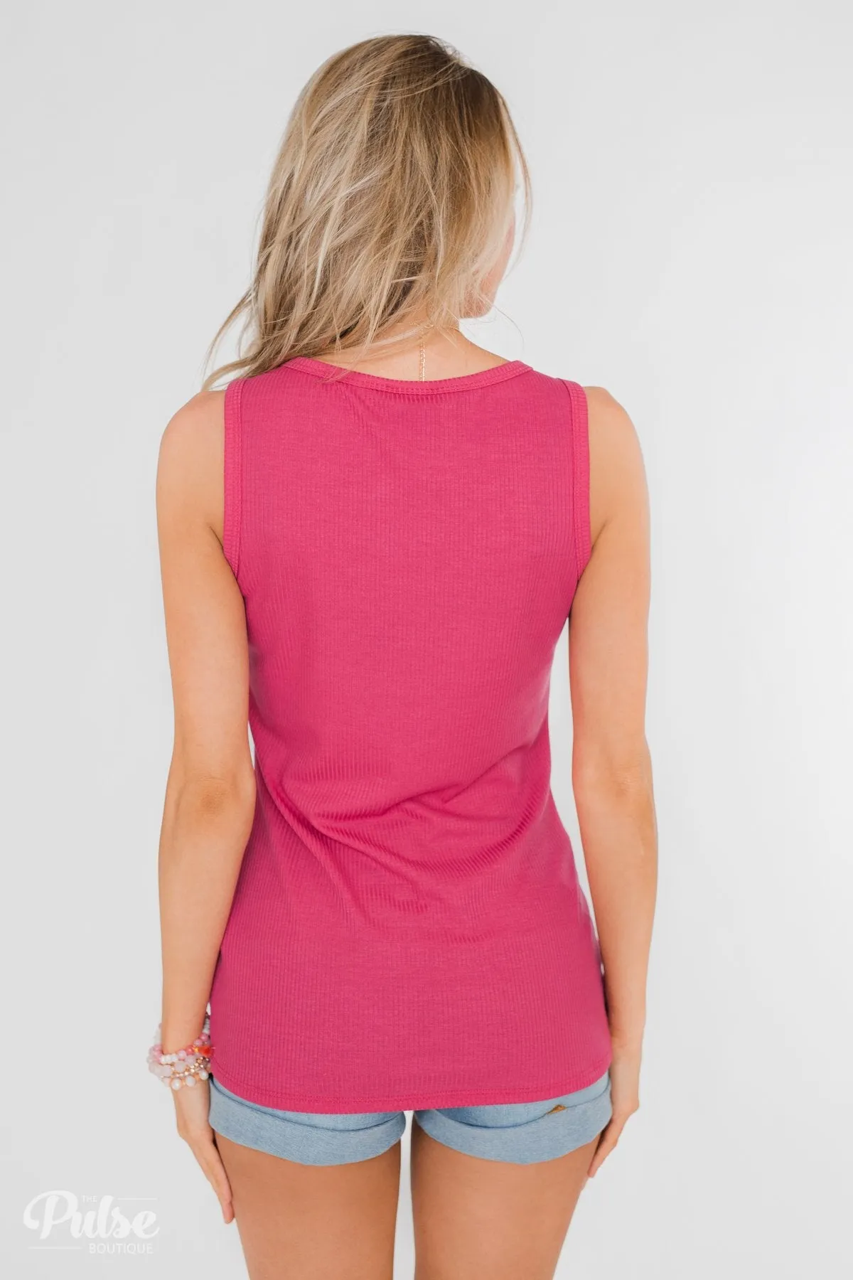Button Henley Tank Top- Fuschia