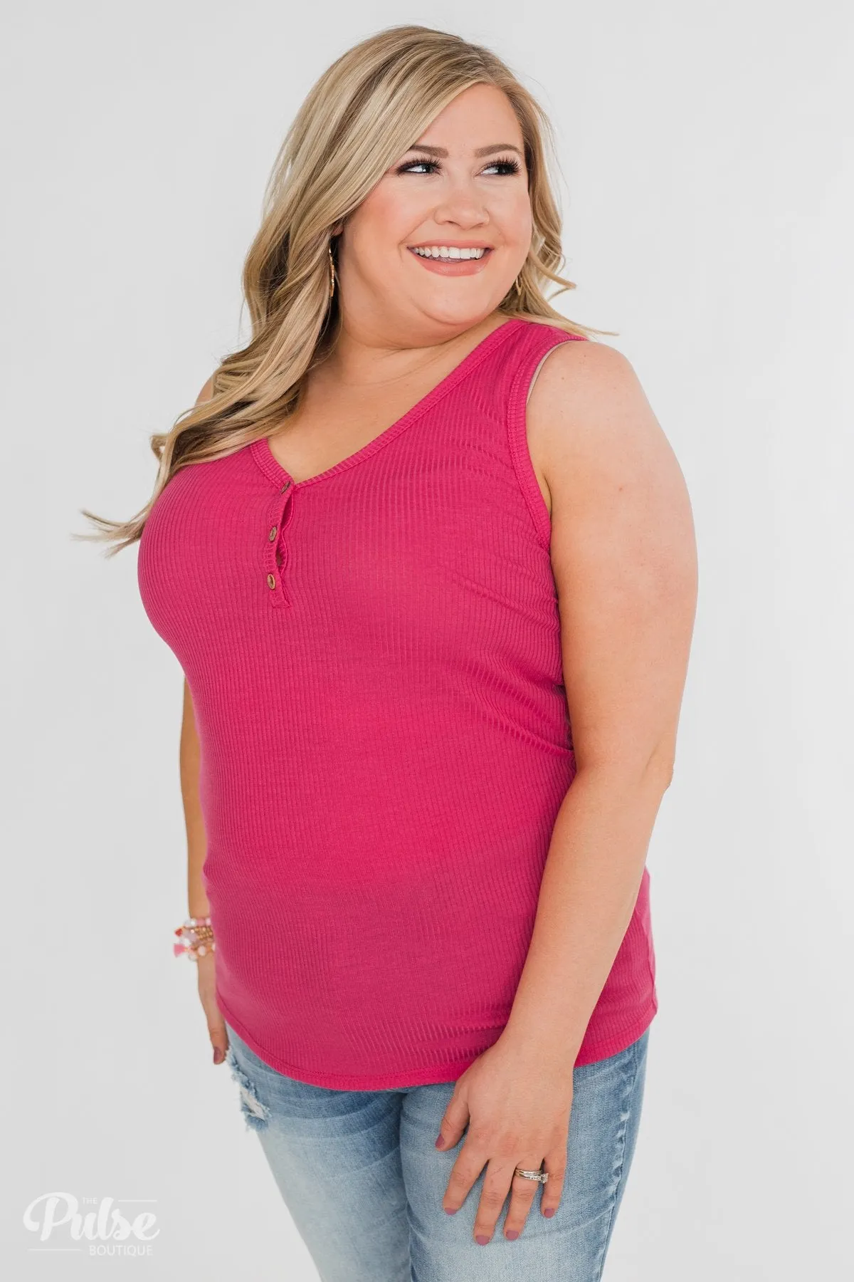 Button Henley Tank Top- Fuschia