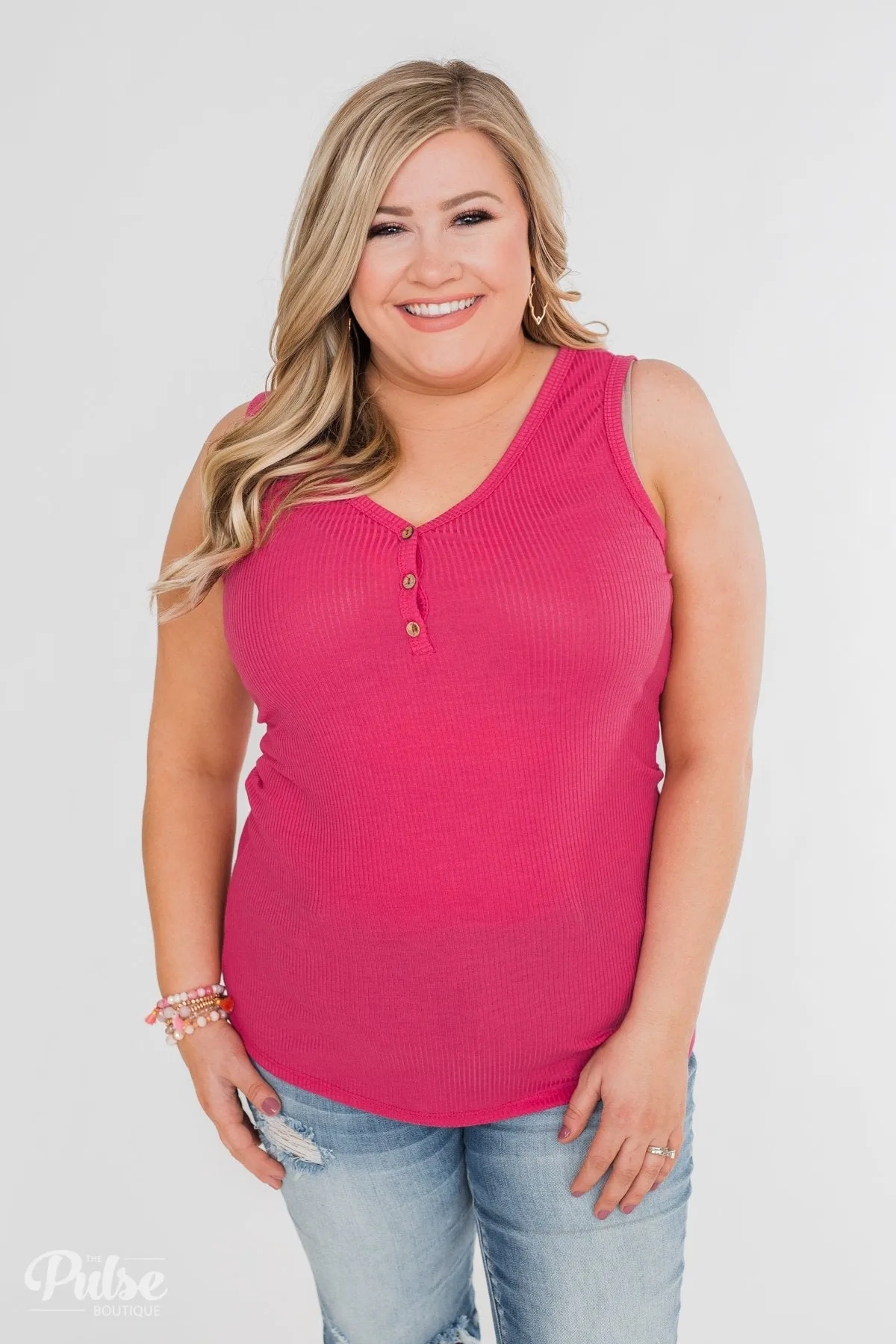 Button Henley Tank Top- Fuschia
