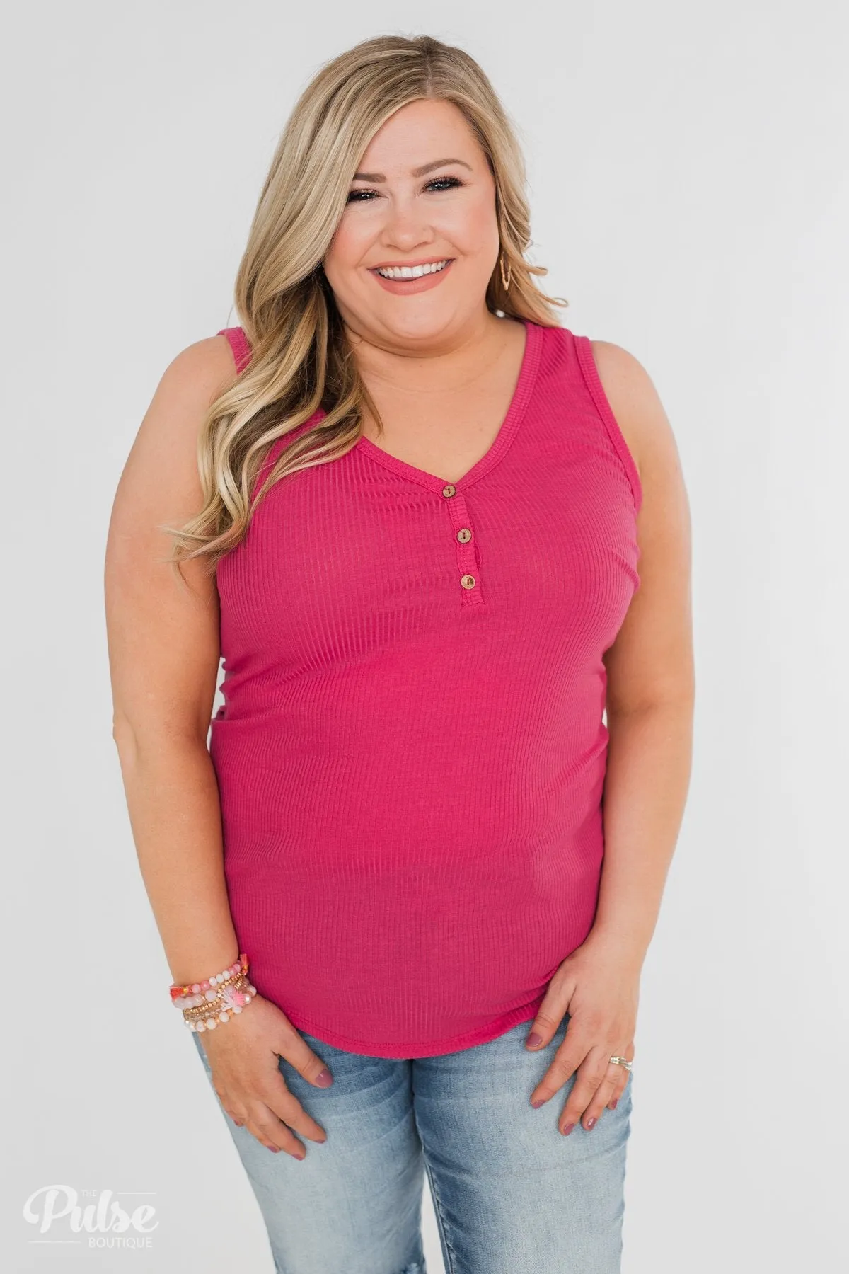Button Henley Tank Top- Fuschia