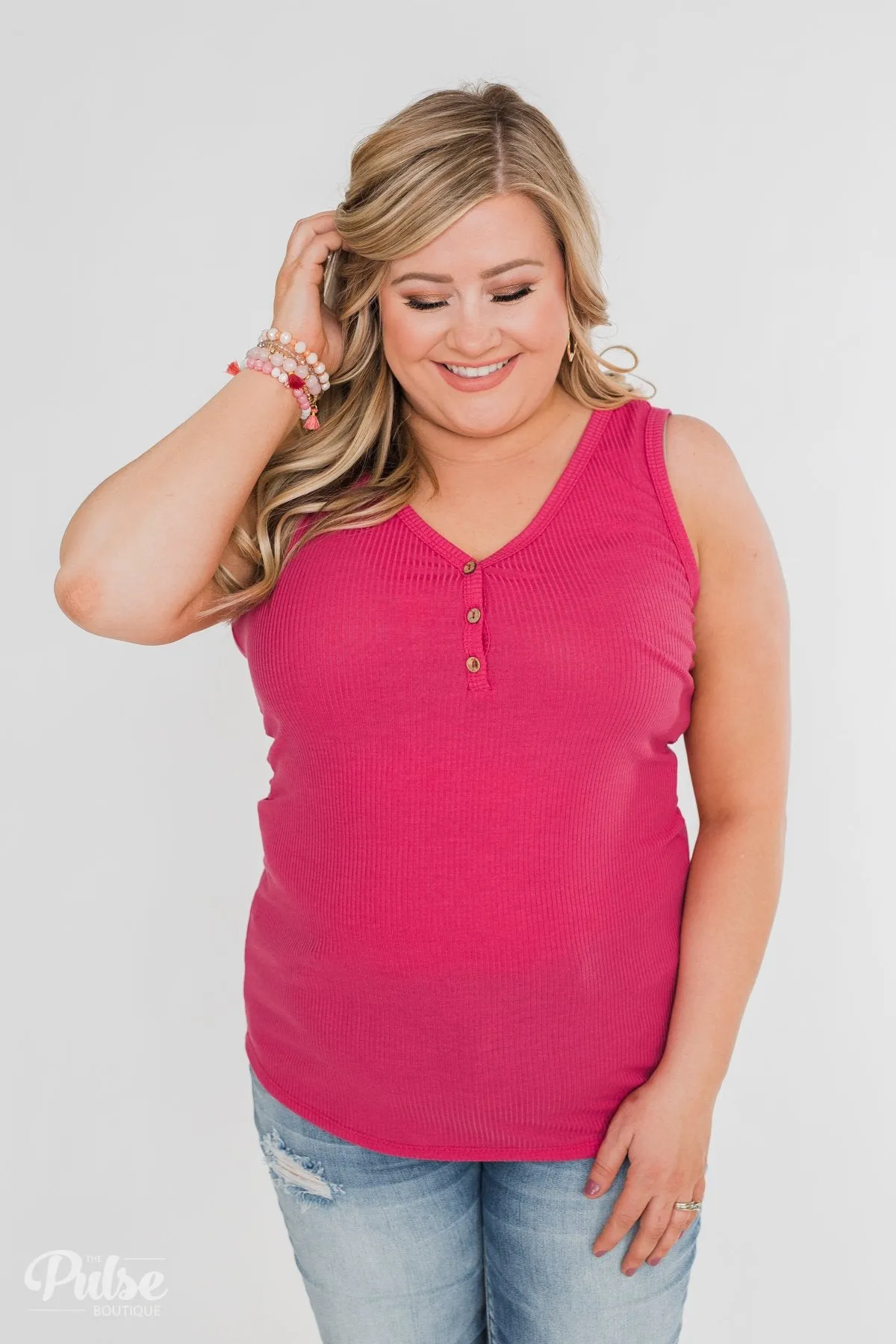 Button Henley Tank Top- Fuschia