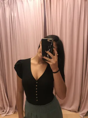 Button Tulip Puff Short Sleeve Thong Bodysuit