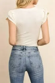 Button Tulip Puff Short Sleeve Thong Bodysuit