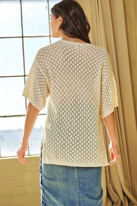 CABLE OPEN KNIT ROUND NECK TUNIC COVER UP