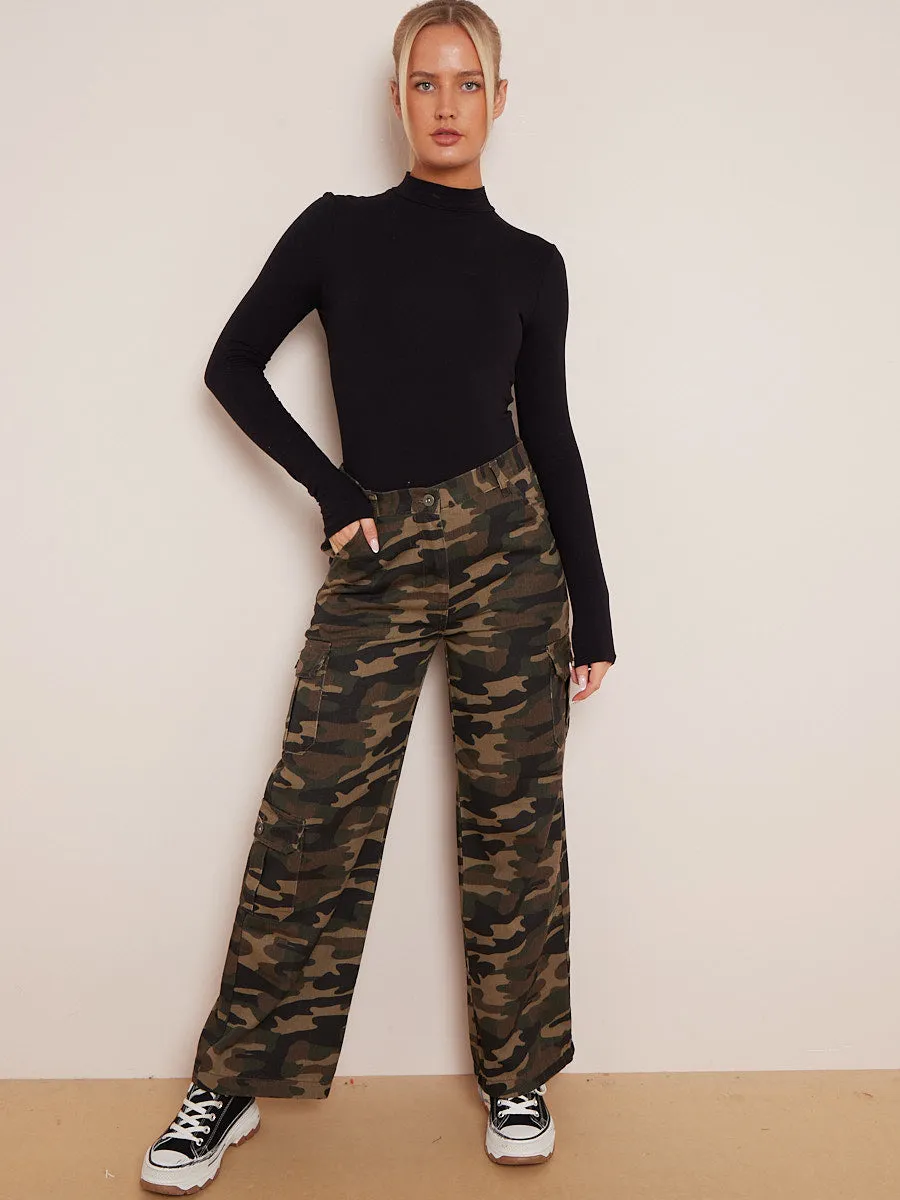 Camouflage Wide Leg Denim Cargo Trousers
