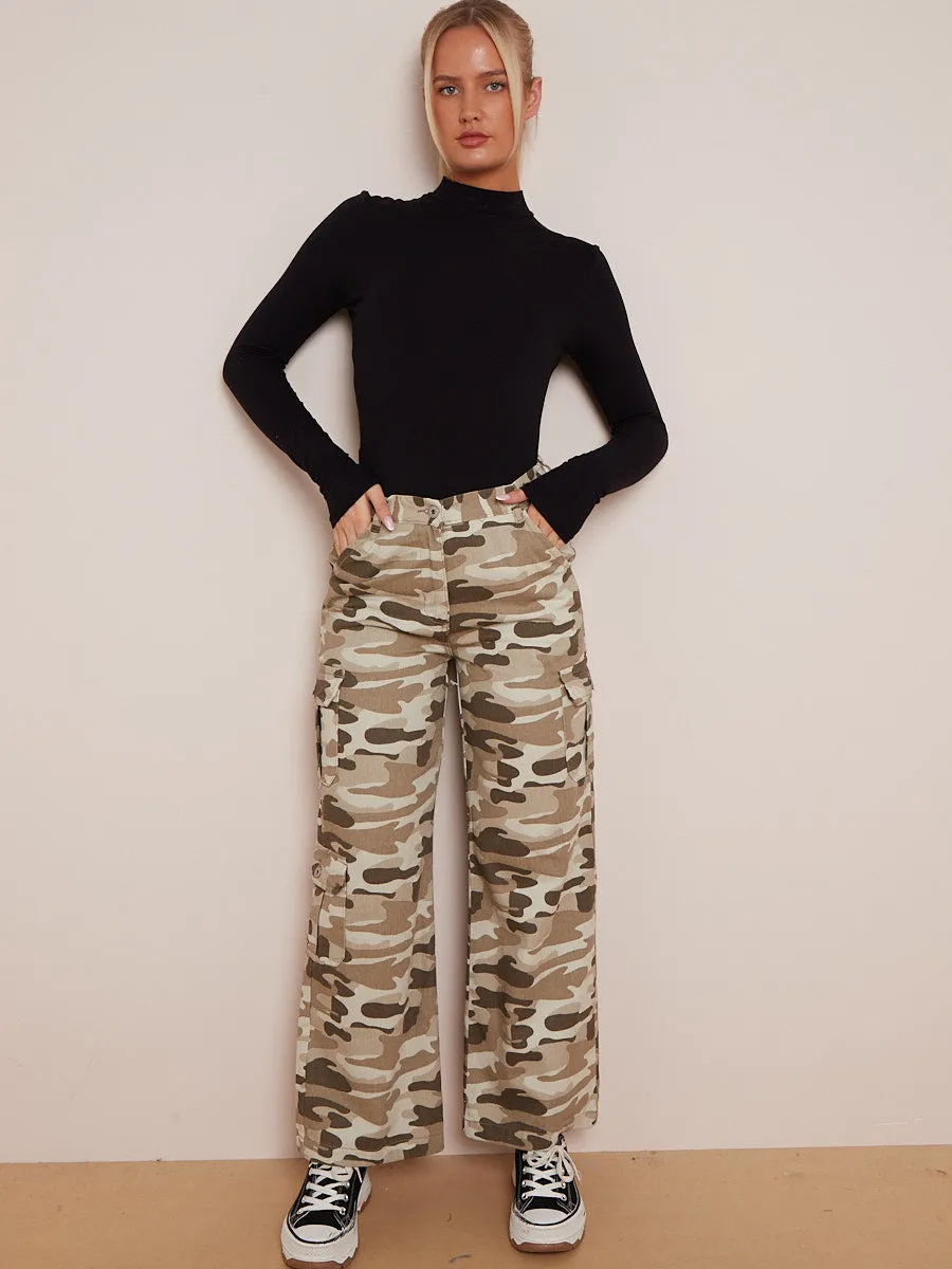 Camouflage Wide Leg Denim Cargo Trousers