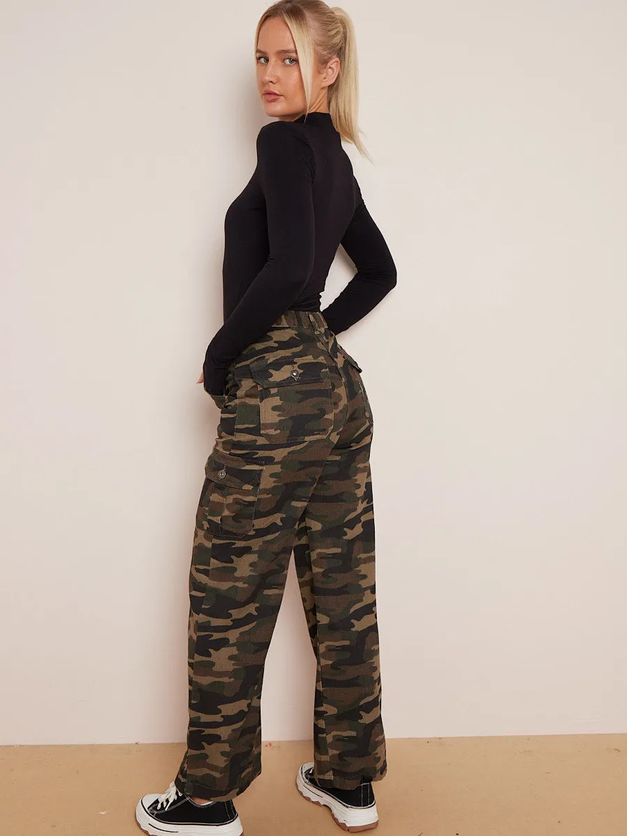 Camouflage Wide Leg Denim Cargo Trousers