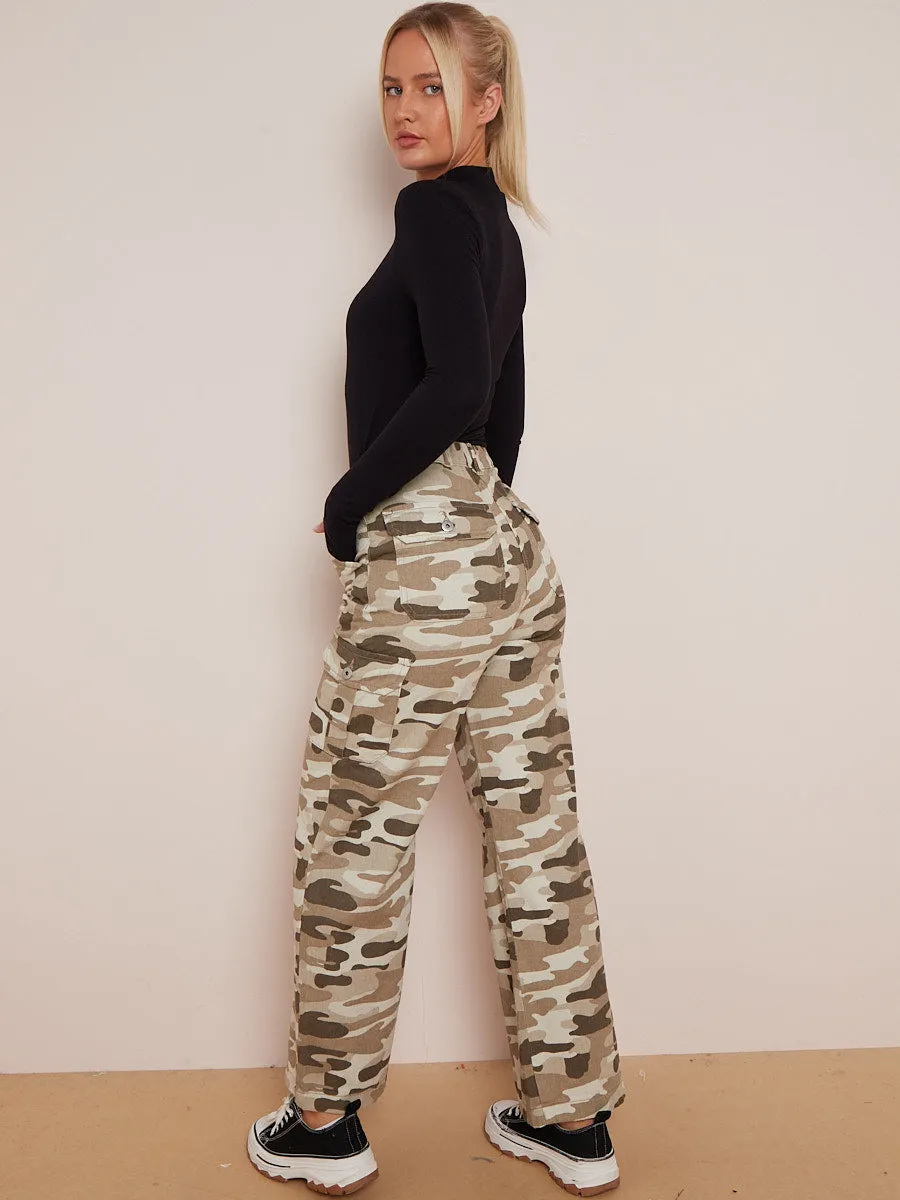 Camouflage Wide Leg Denim Cargo Trousers