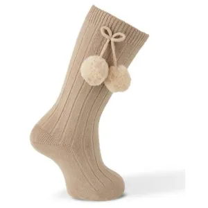 Carlomagno Pom Pom Knee Socks Camel