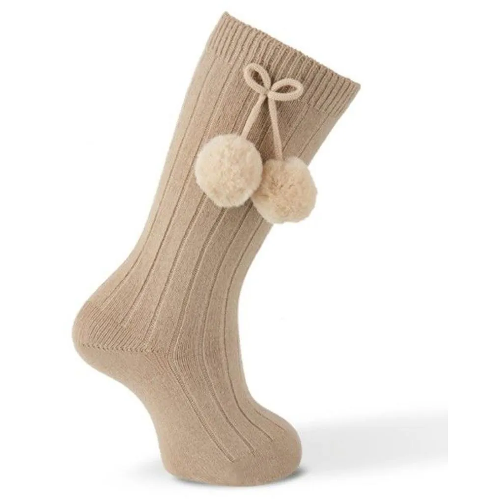 Carlomagno Pom Pom Knee Socks Camel