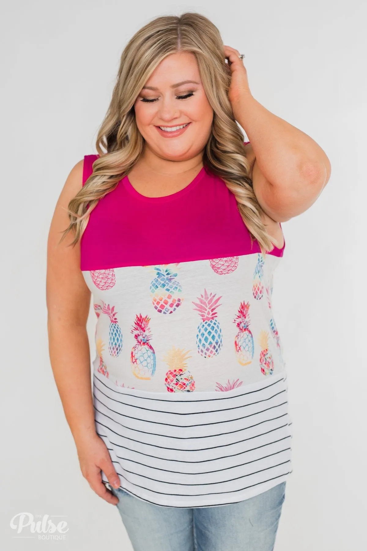 Catch Me By the Pool Colorblock Tank- Fuschia & White