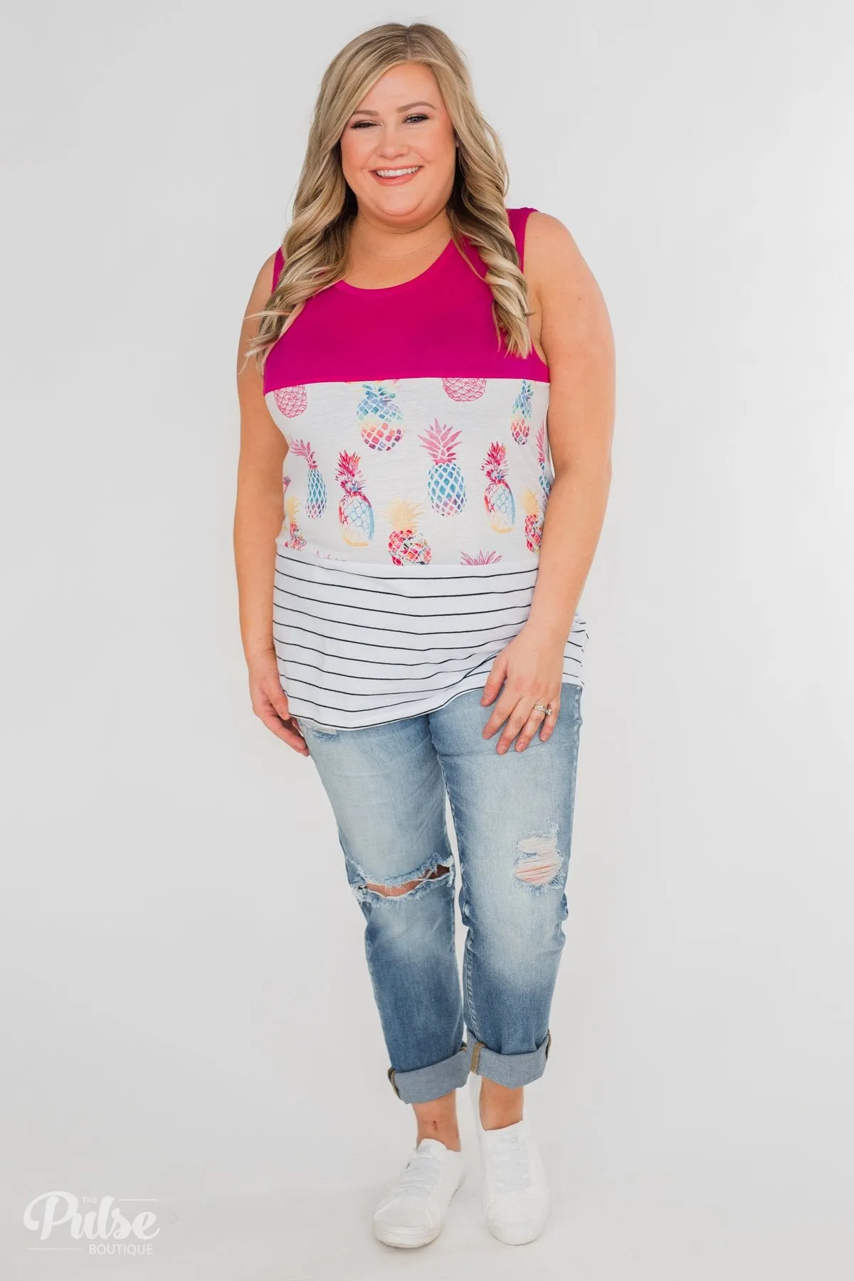 Catch Me By the Pool Colorblock Tank- Fuschia & White