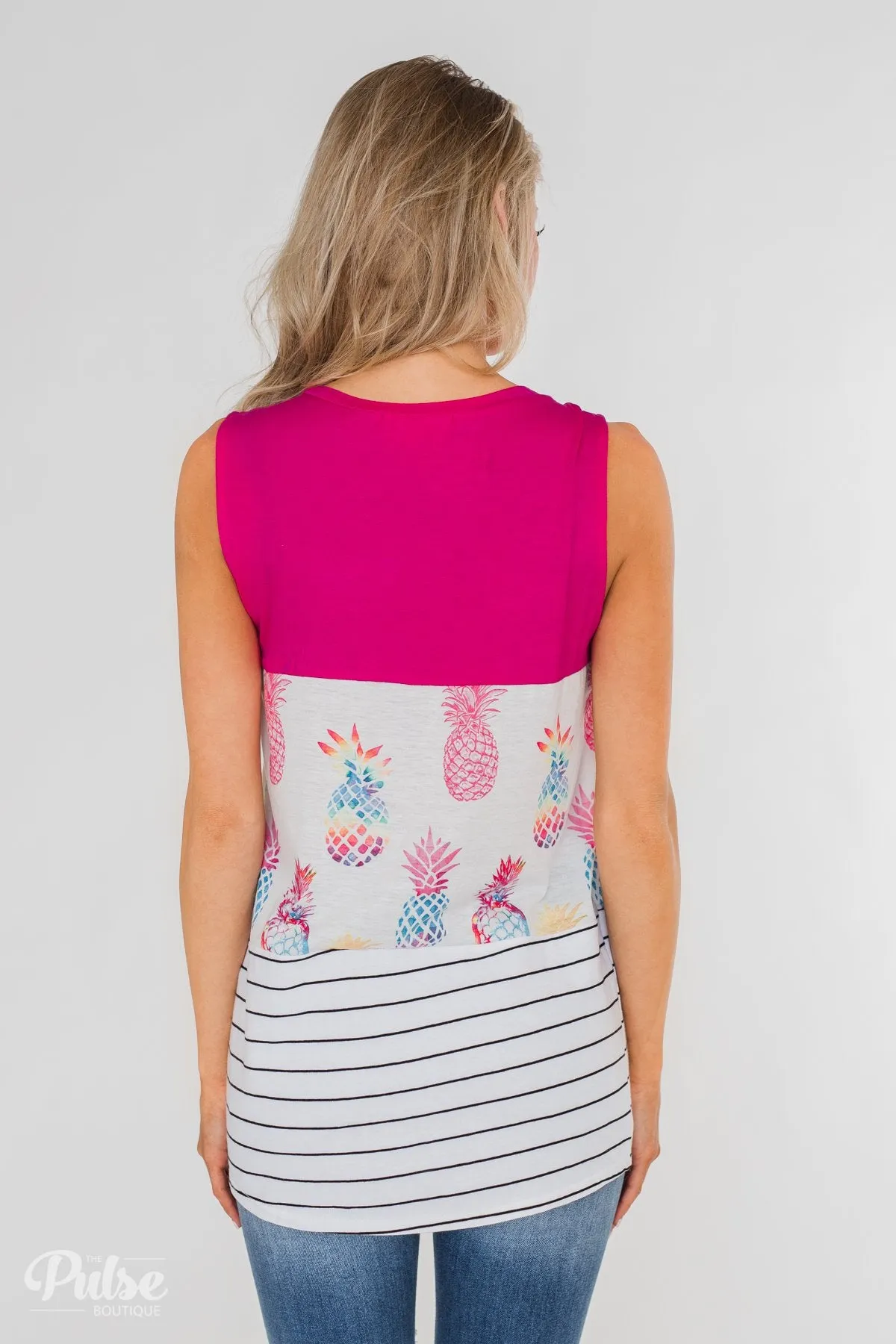 Catch Me By the Pool Colorblock Tank- Fuschia & White