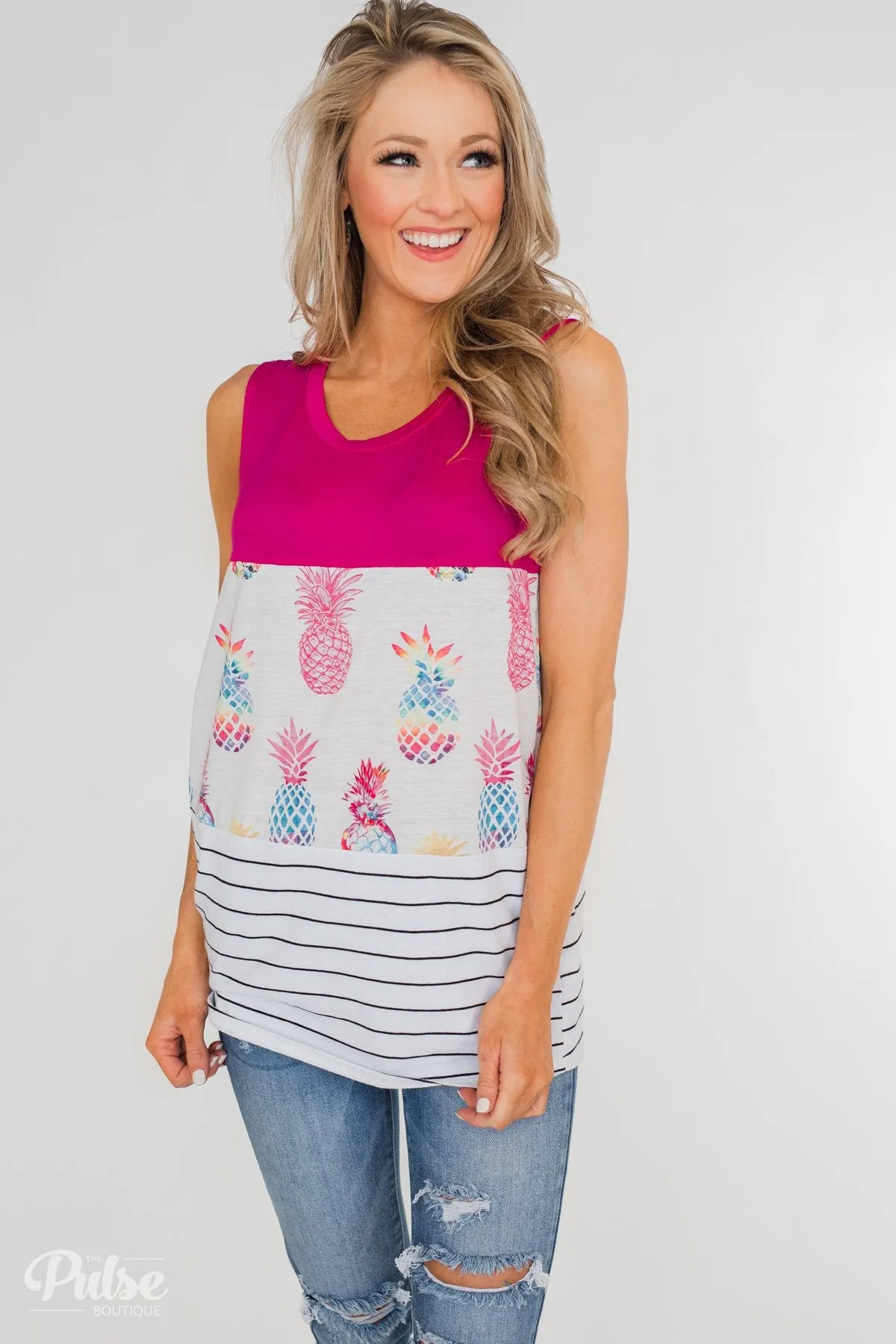 Catch Me By the Pool Colorblock Tank- Fuschia & White