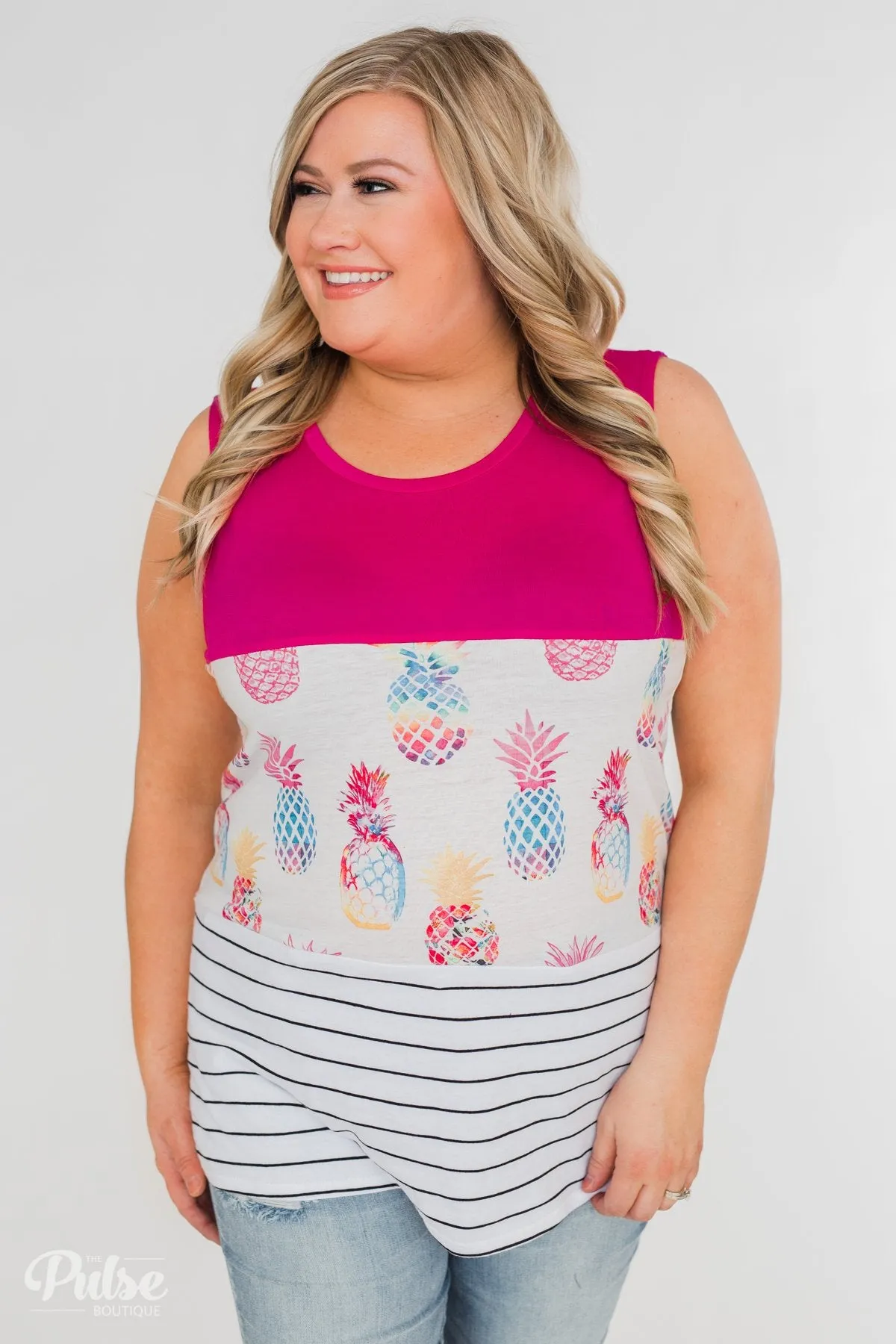 Catch Me By the Pool Colorblock Tank- Fuschia & White