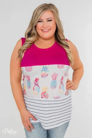 Catch Me By the Pool Colorblock Tank- Fuschia & White
