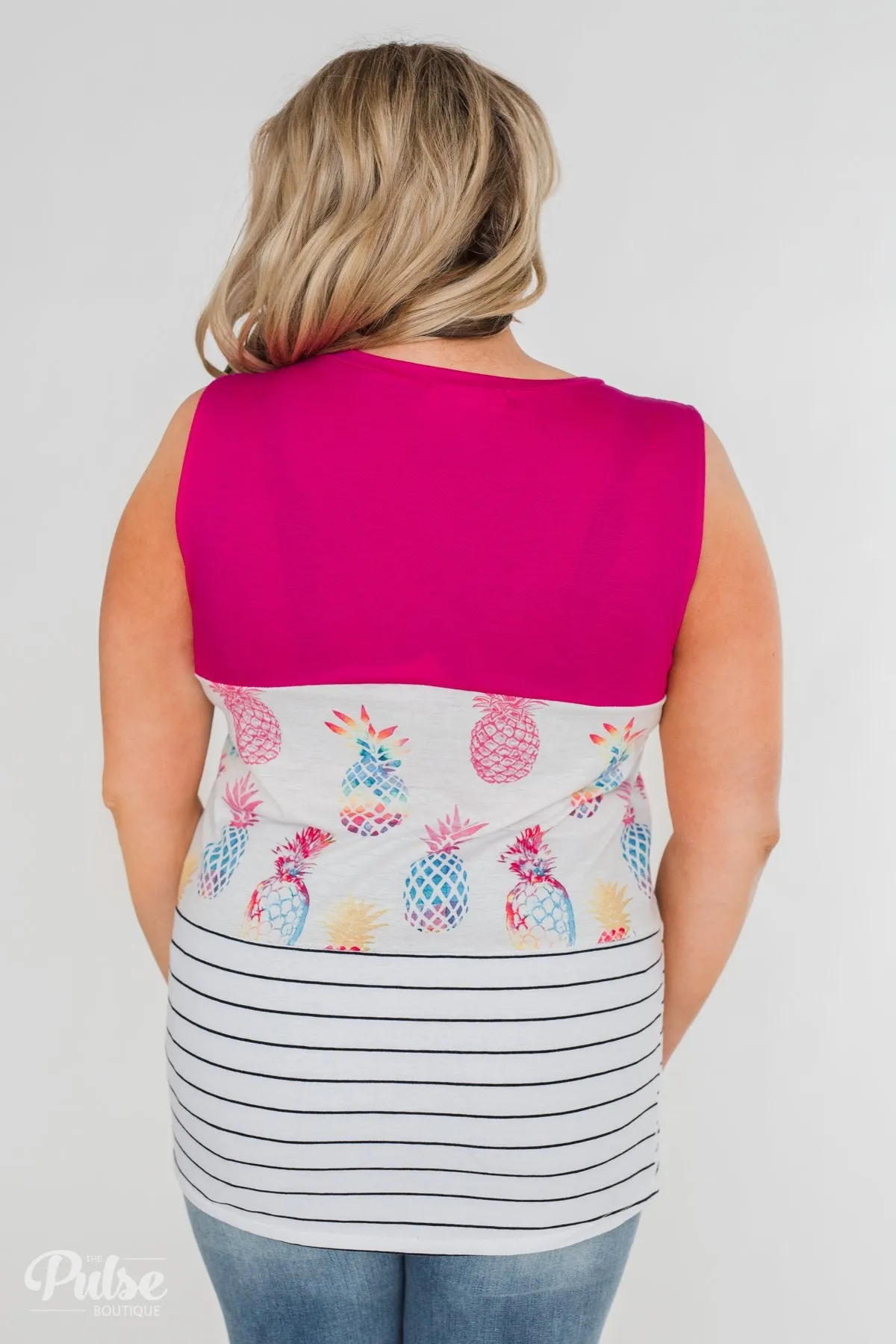 Catch Me By the Pool Colorblock Tank- Fuschia & White