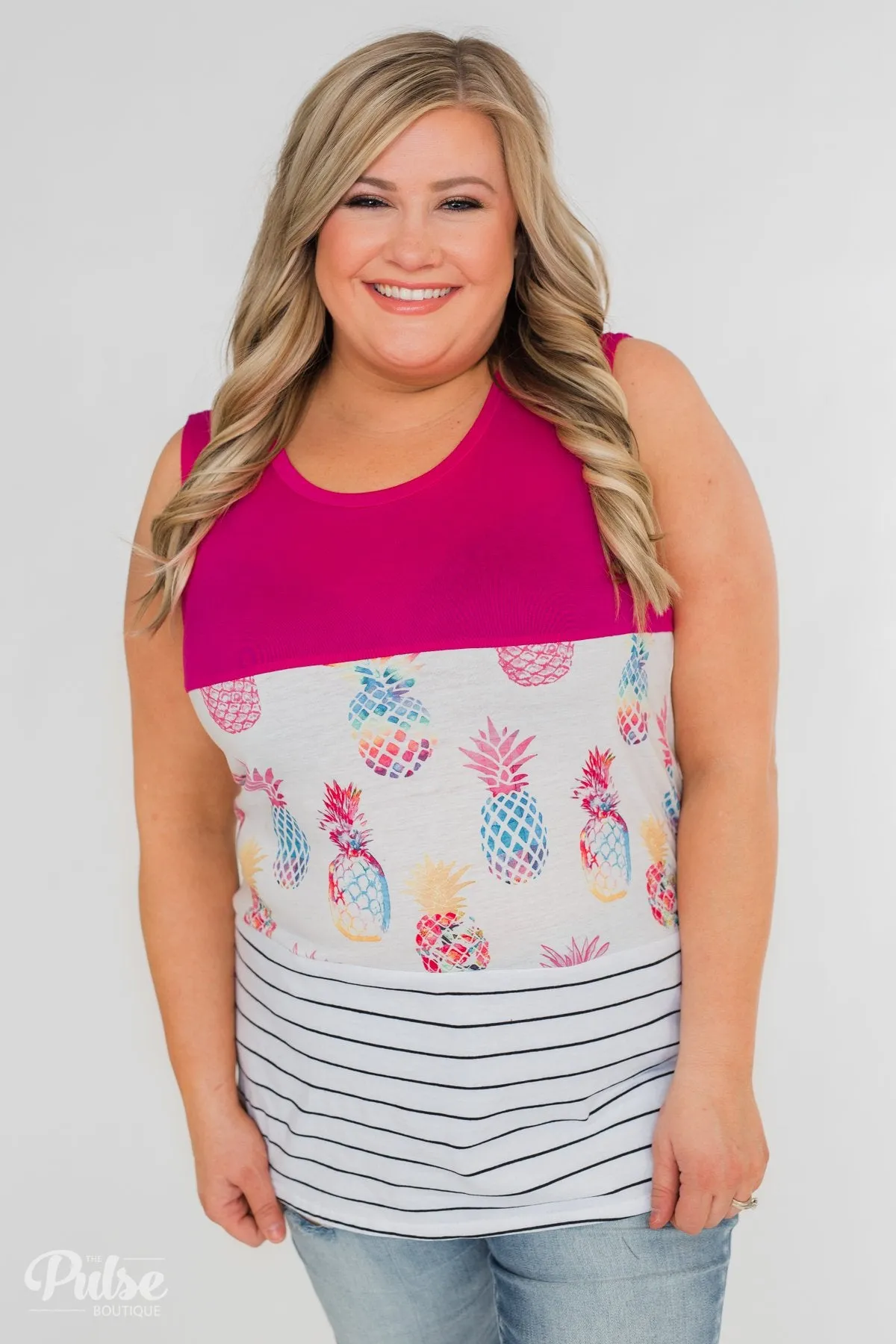 Catch Me By the Pool Colorblock Tank- Fuschia & White