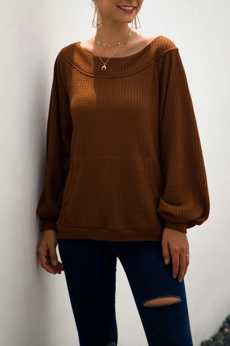 Chicindress Loose Knitting Pocket Pullover Dew-Shoulder Tops(2 Colors)