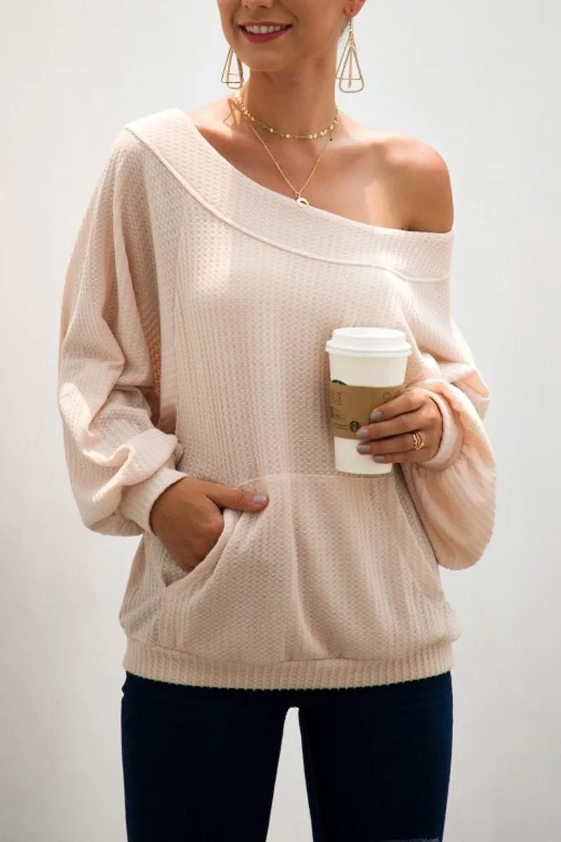 Chicindress Loose Knitting Pocket Pullover Dew-Shoulder Tops(2 Colors)