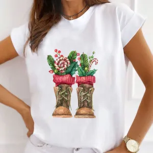 Christmas Western Boots White T-Shirts B