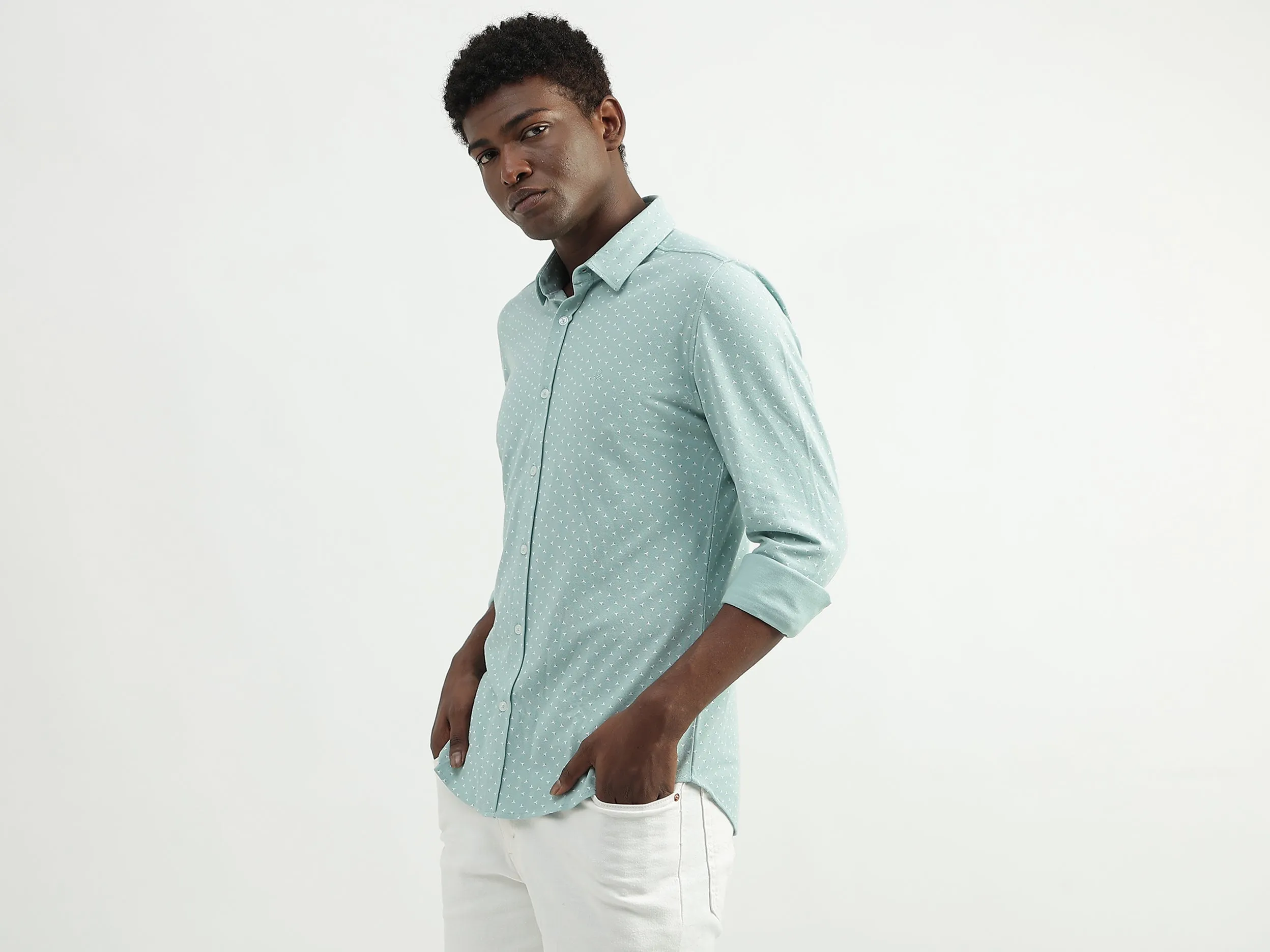 Cotton Blend Printed Spread Collar Mens Shirts