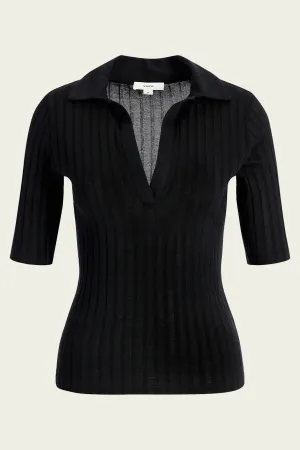 Cotton Elbow-Sleeve Polo Shirt in Black