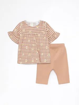 Crew Neck Floral Patterned Baby Girl Blouse and Tights 2-Piece Set