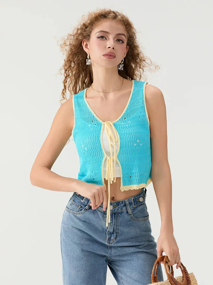 Cutout Crochet Tie-Front Sleeveless Knit V-neck Crop Top