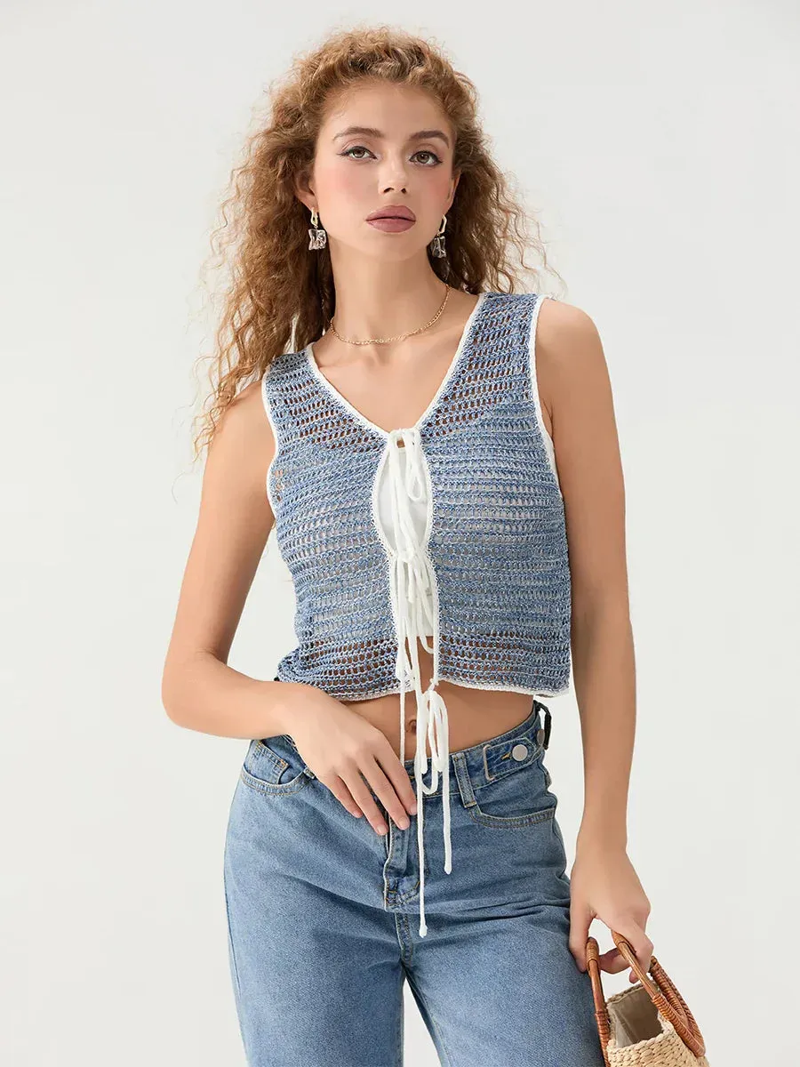 Cutout Crochet Tie-Front Sleeveless Knit V-neck Crop Top