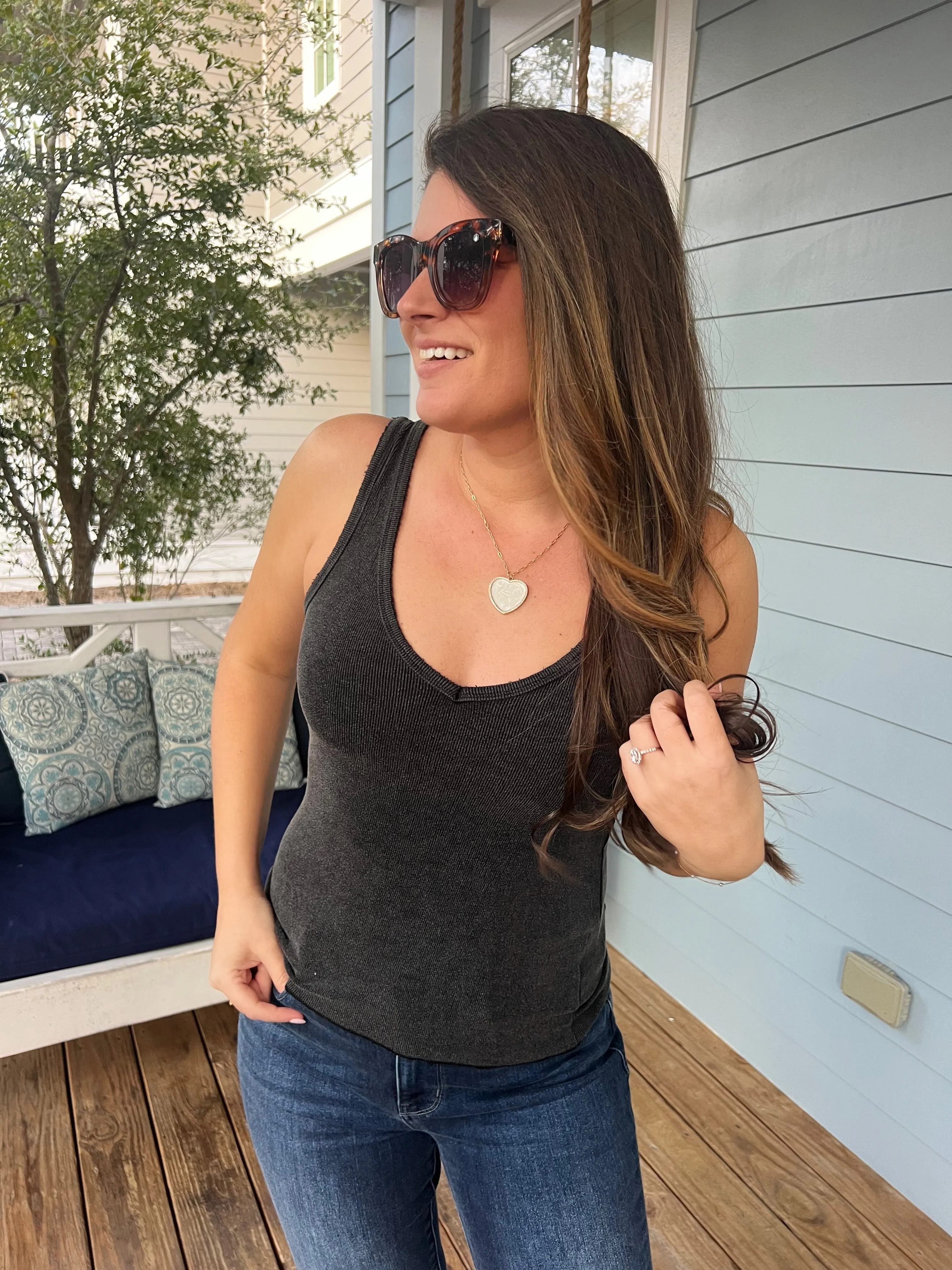 Deep V Ribbed Tank Top by POL - Black