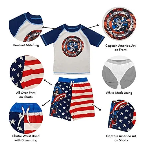 Dreamwave Boys' Captain America Two Piece Rash Guard Rashguard Swim Shirt and Trunk Set 5/6
