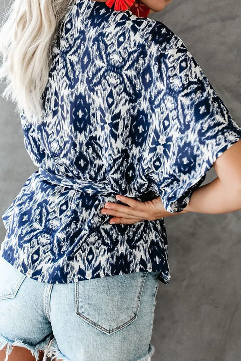 Fashion Print Patchwork V Neck Tops(3 Colors)