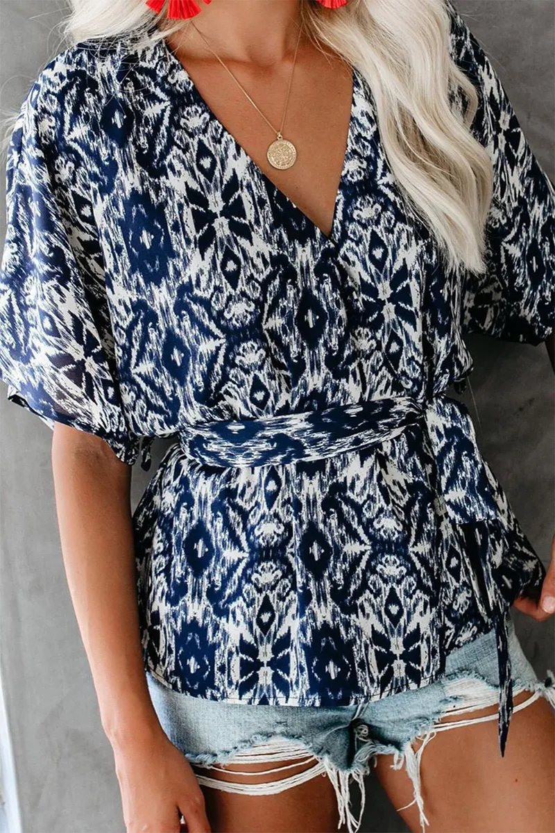 Fashion Print Patchwork V Neck Tops(3 Colors)