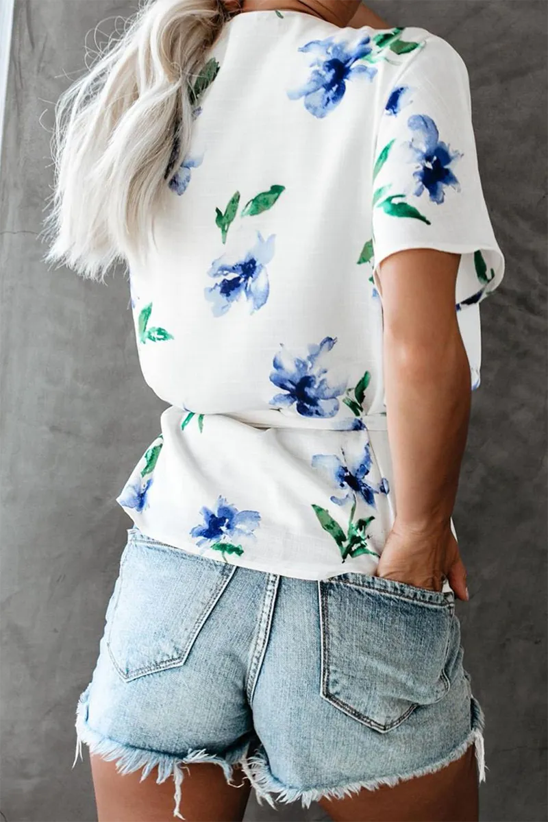 Fashion Print Patchwork V Neck Tops(3 Colors)