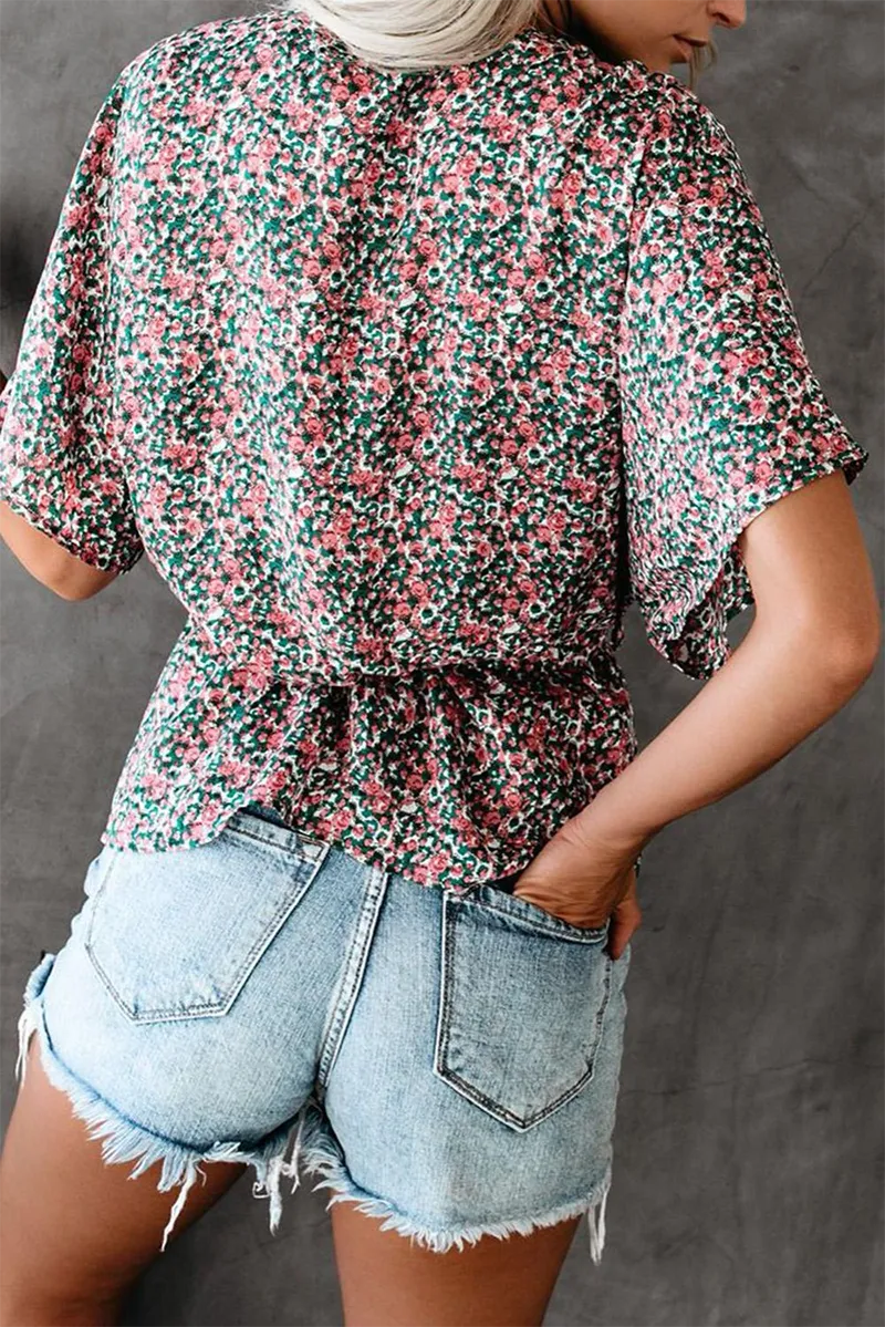 Fashion Print Patchwork V Neck Tops(3 Colors)