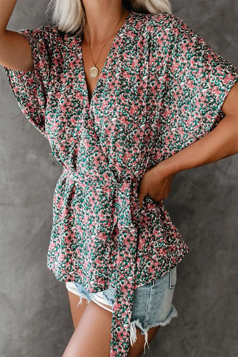 Fashion Print Patchwork V Neck Tops(3 Colors)