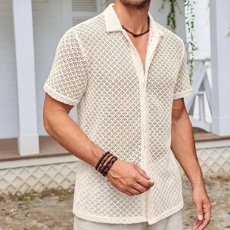 Fashion Solid Color Polo Shirt Short Sleeve Mesh Men's Tops